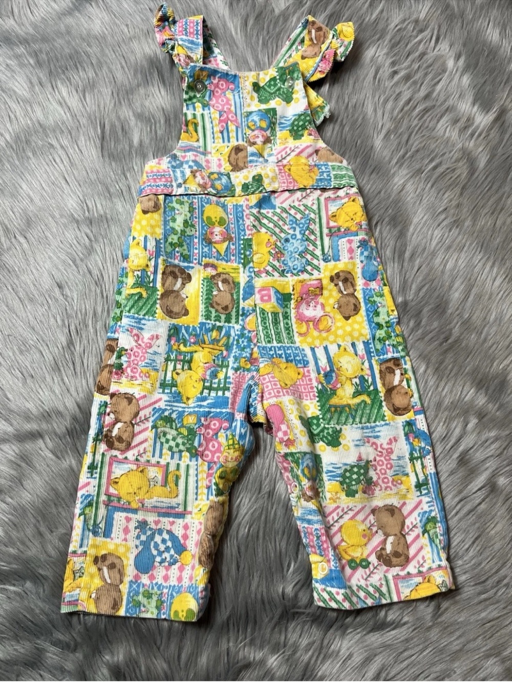 Vintage Healthtex Corduroy Animal Patchwork Ruffle Strap Overalls Toddler Girls